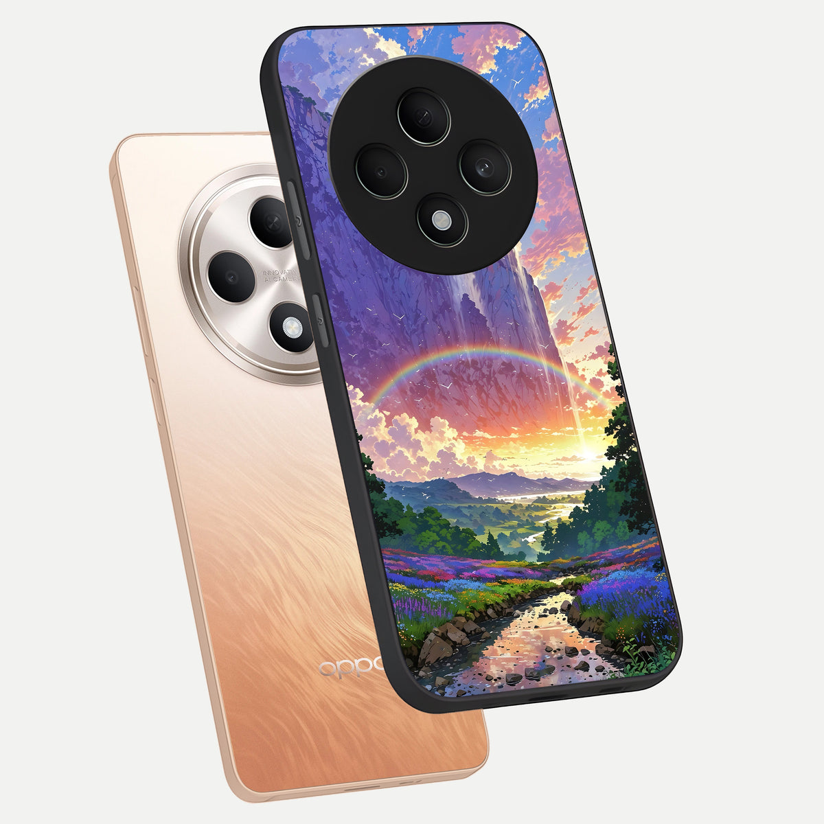  Rainbow Valley Dream phone case For Oppo F27 5G showing premium glass back cover with detailed artwork