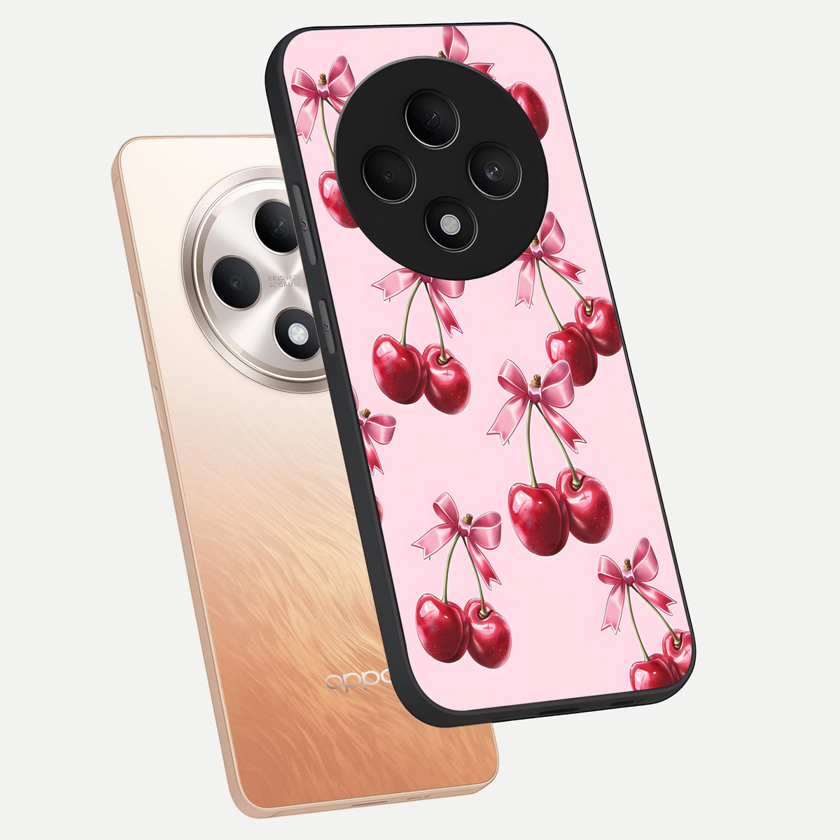  Red Cherries Pattern phone case For Oppo F27 5G showing premium glass back cover with detailed artwork