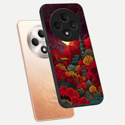  Scarlet Autumn Temple phone case For Oppo F27 5G showing premium glass back cover with detailed artwork