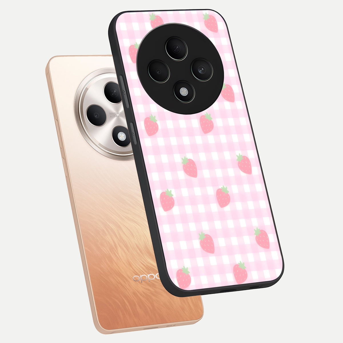  Strawberry Picnic Love phone case For Oppo F27 5G showing premium glass back cover with detailed artwork