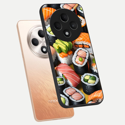  Sushi Food Pattern phone case For Oppo F27 5G showing premium glass back cover with detailed artwork