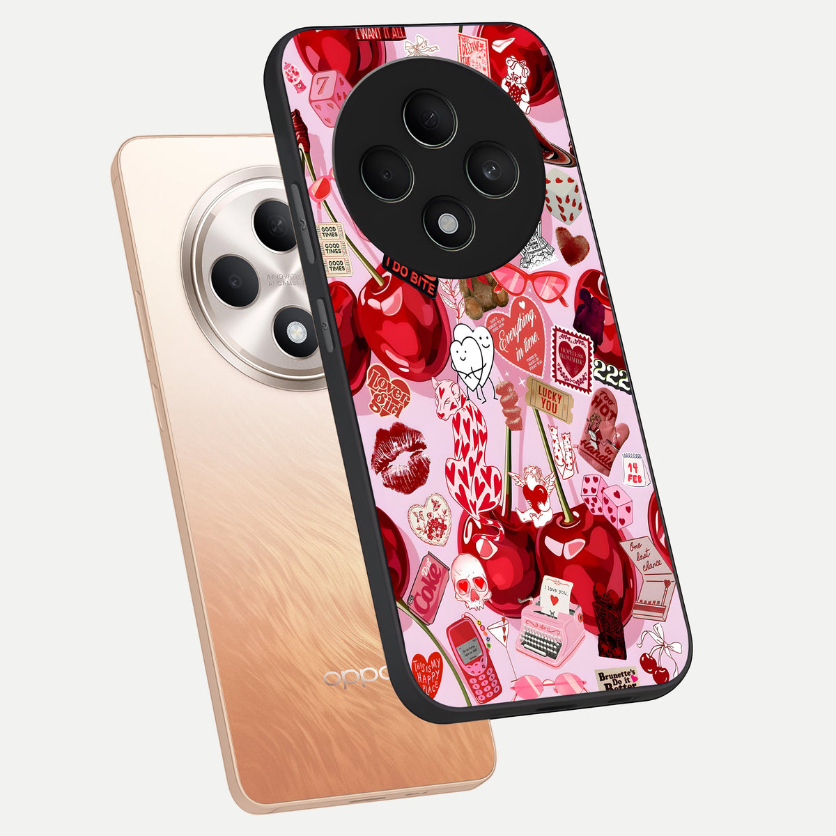  Sweet Cherry Chaos phone case For Oppo F27 5G showing premium glass back cover with detailed artwork