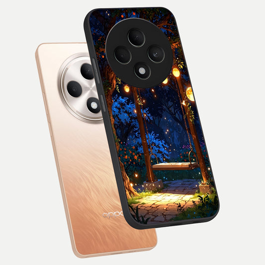  Twilight Garden Swing phone case For Oppo F27 5G showing premium glass back cover with detailed artwork