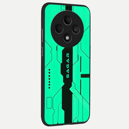  Aqua Tech CYBERPUNK Custom Name back cover For Oppo F27 5G slim fit glass case with vibrant aesthetic design