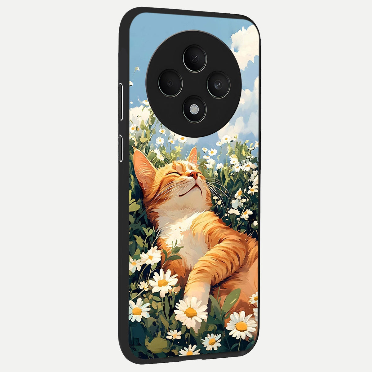  Cat And Flowers View back cover For Oppo F27 5G slim fit glass case with vibrant aesthetic design