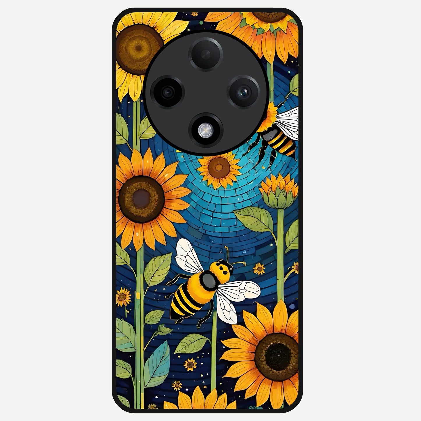  Bees And Sunflowers Glass Case For Oppo F27 Pro Plus back cover – full design glossy printed glass finish