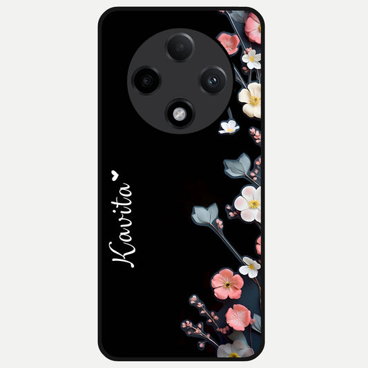  Black Elegance Floral Custom Name Glass Case For Oppo F27 Pro Plus back cover – full design glossy printed glass finish