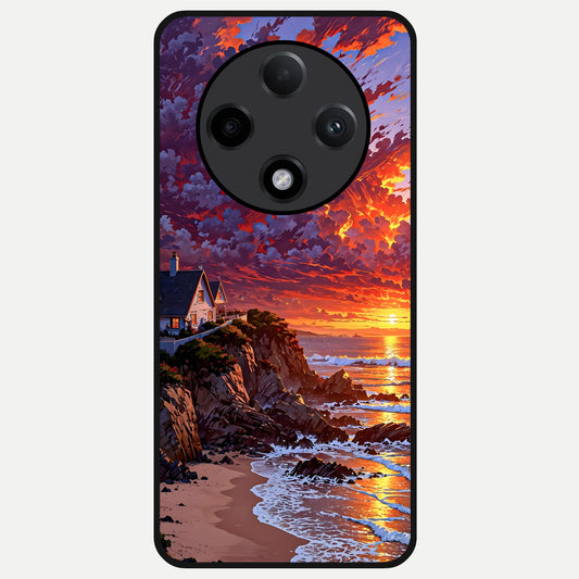  Sunset House By Sea Glass Case For Oppo F27 Pro Plus back cover – full design glossy printed glass finish
