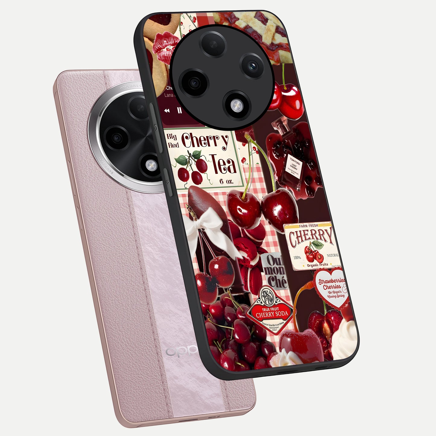  Aesthetic Cherry Tea phone case For Oppo F27 Pro Plus showing premium glass back cover with detailed artwork