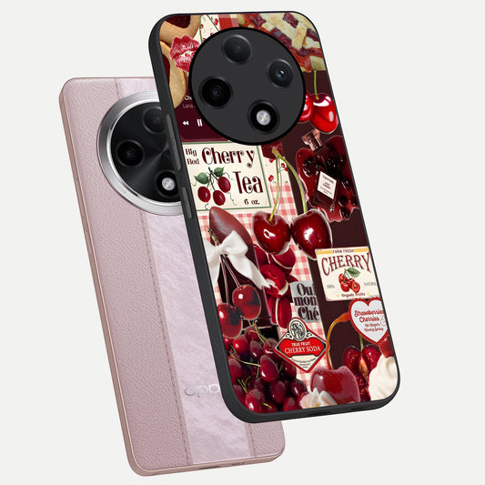  Aesthetic Cherry Tea phone case For Oppo F27 Pro Plus showing premium glass back cover with detailed artwork