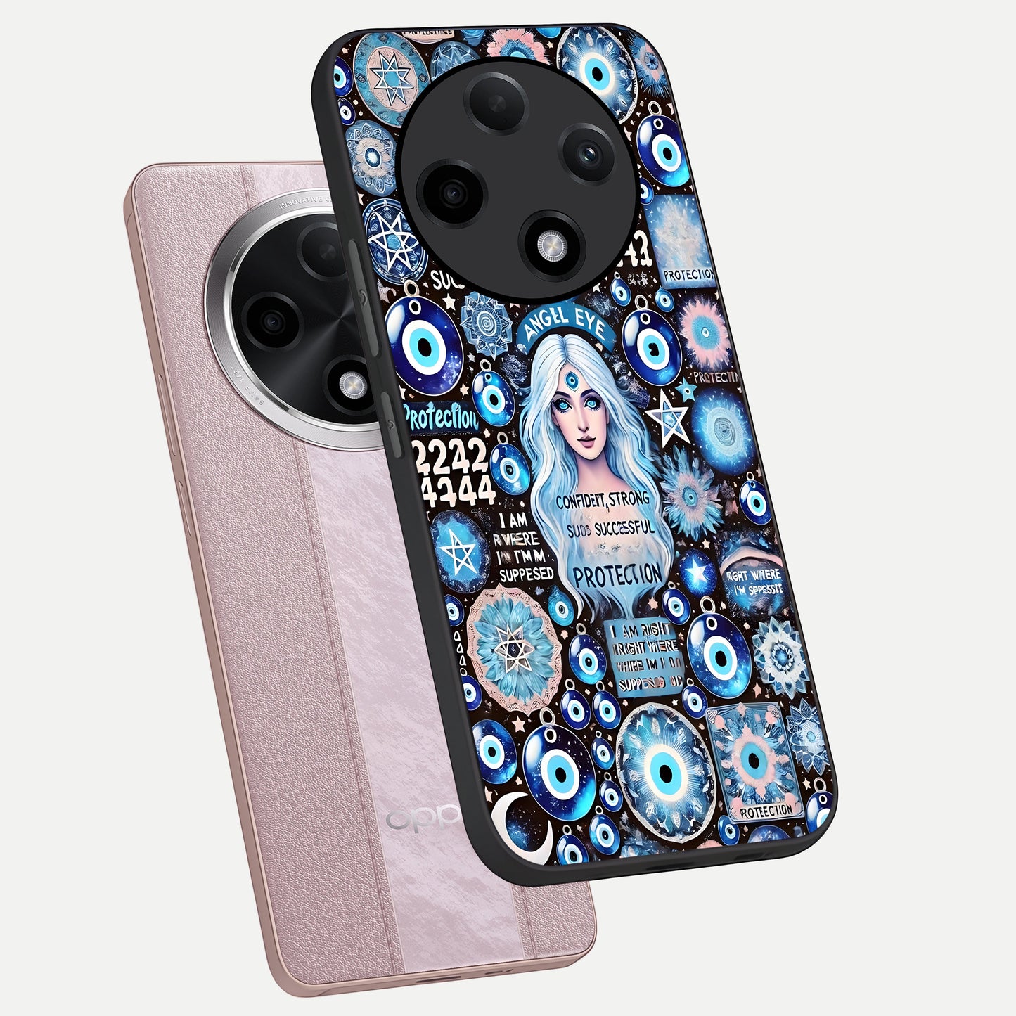  Angel Aura Shield phone case For Oppo F27 Pro Plus showing premium glass back cover with detailed artwork