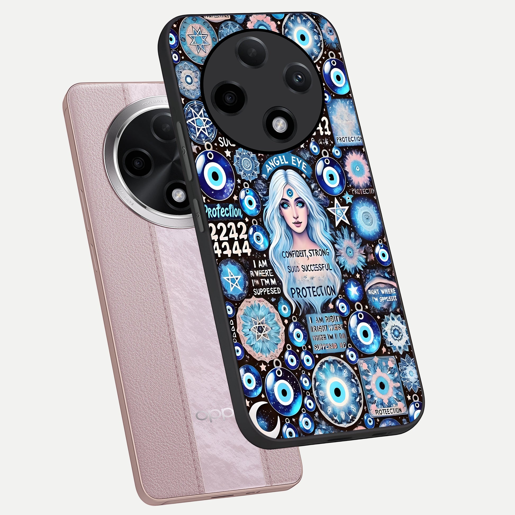  Angel Aura Shield phone case For Oppo F27 Pro Plus showing premium glass back cover with detailed artwork
