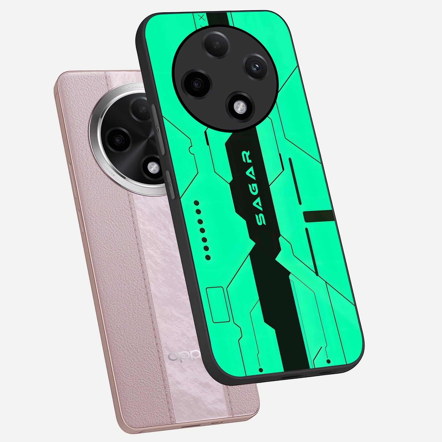  Aqua Tech CYBERPUNK Custom Name phone case For Oppo F27 Pro Plus showing premium glass back cover with detailed artwork