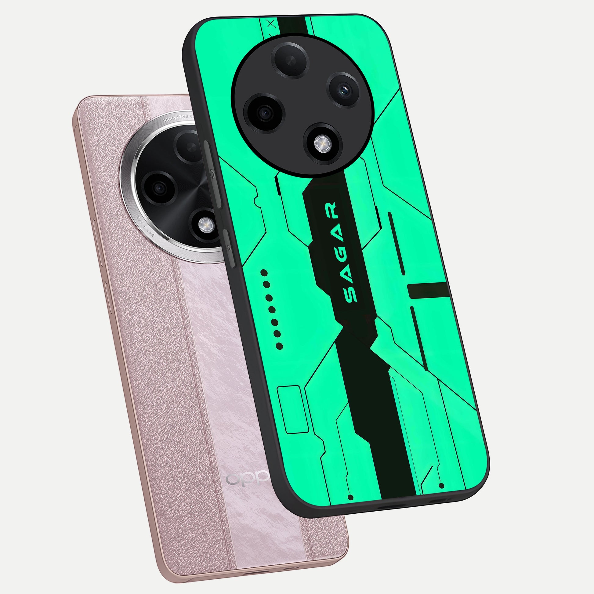  Aqua Tech CYBERPUNK Custom Name phone case For Oppo F27 Pro Plus showing premium glass back cover with detailed artwork
