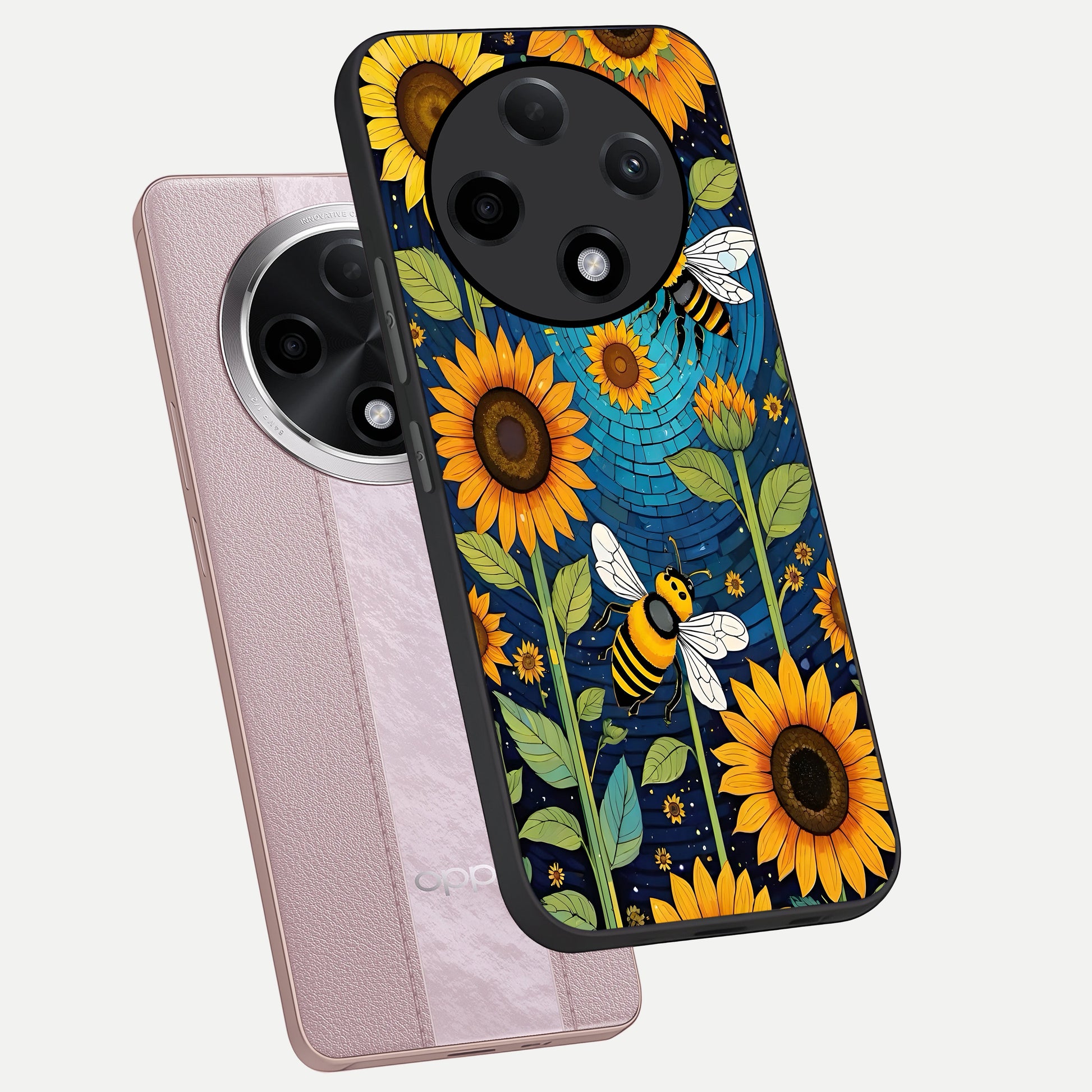  Bees And Sunflowers phone case For Oppo F27 Pro Plus showing premium glass back cover with detailed artwork
