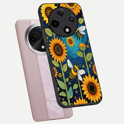  Bees And Sunflowers phone case For Oppo F27 Pro Plus showing premium glass back cover with detailed artwork