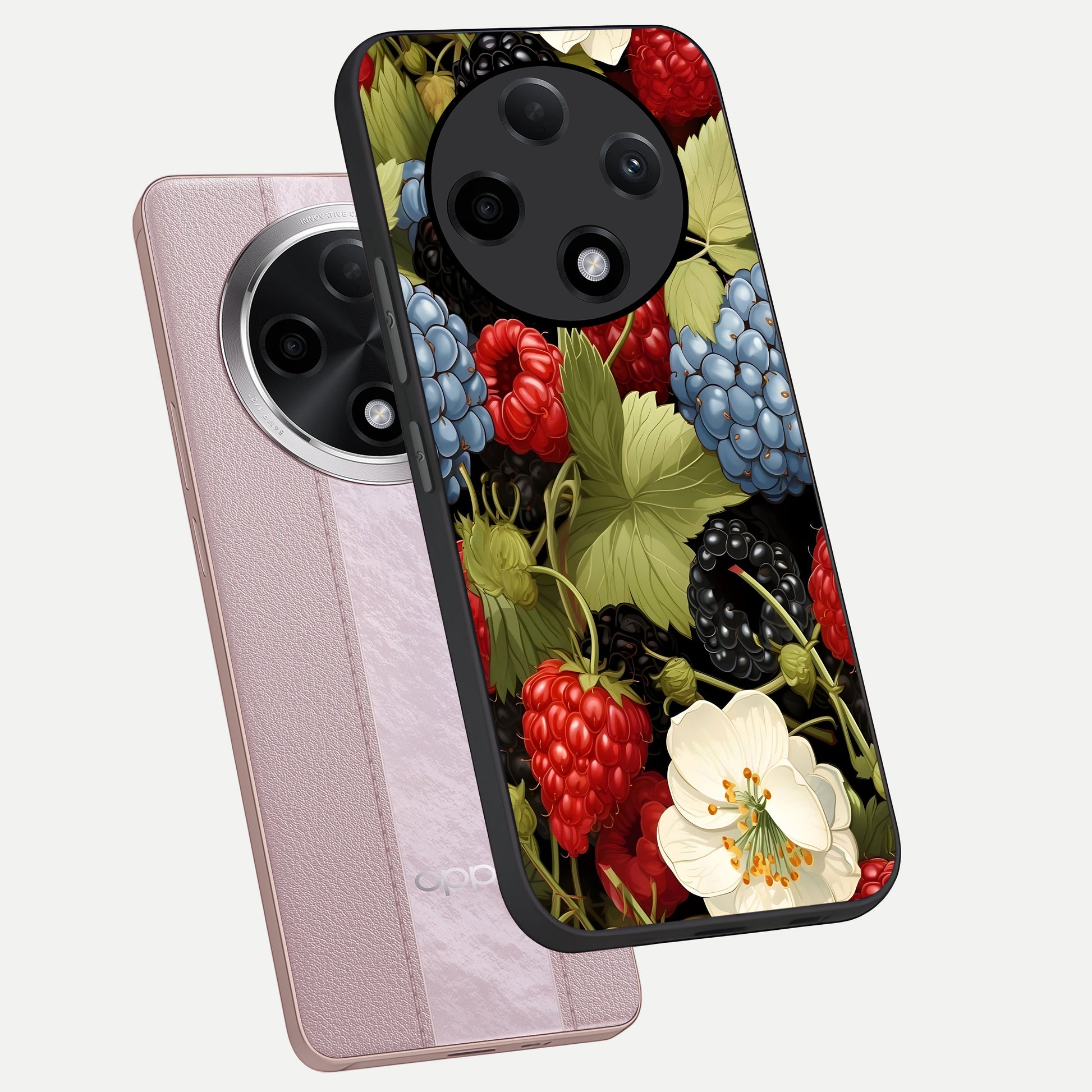  Berry Bloom Charm phone case For Oppo F27 Pro Plus showing premium glass back cover with detailed artwork