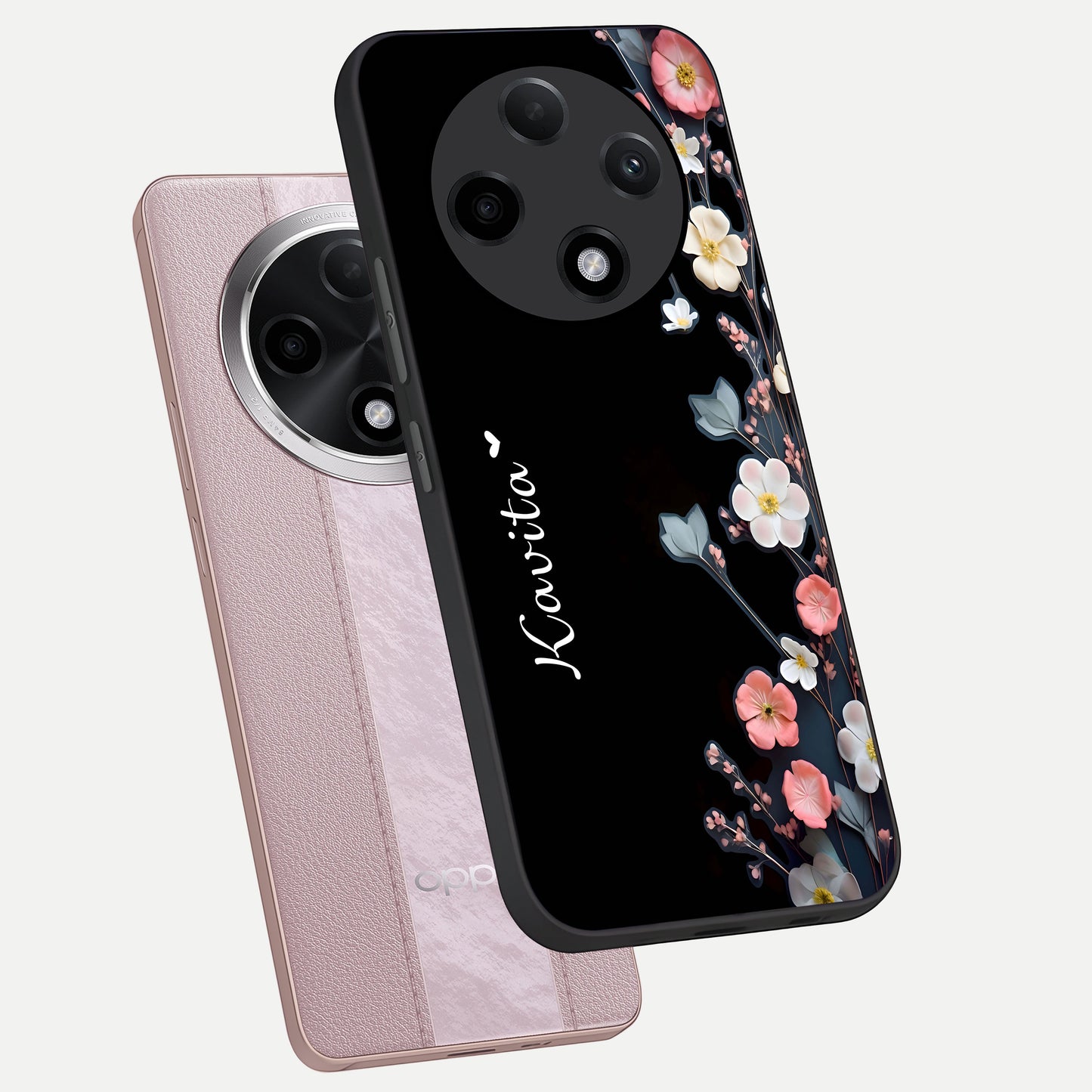  Black Elegance Floral Custom Name phone case For Oppo F27 Pro Plus showing premium glass back cover with detailed artwork