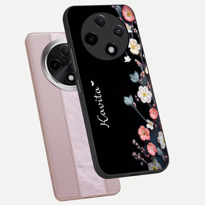  Black Elegance Floral Custom Name phone case For Oppo F27 Pro Plus showing premium glass back cover with detailed artwork