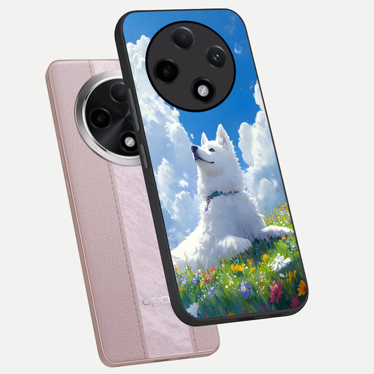  Blissful Cloud Pup phone case For Oppo F27 Pro Plus showing premium glass back cover with detailed artwork