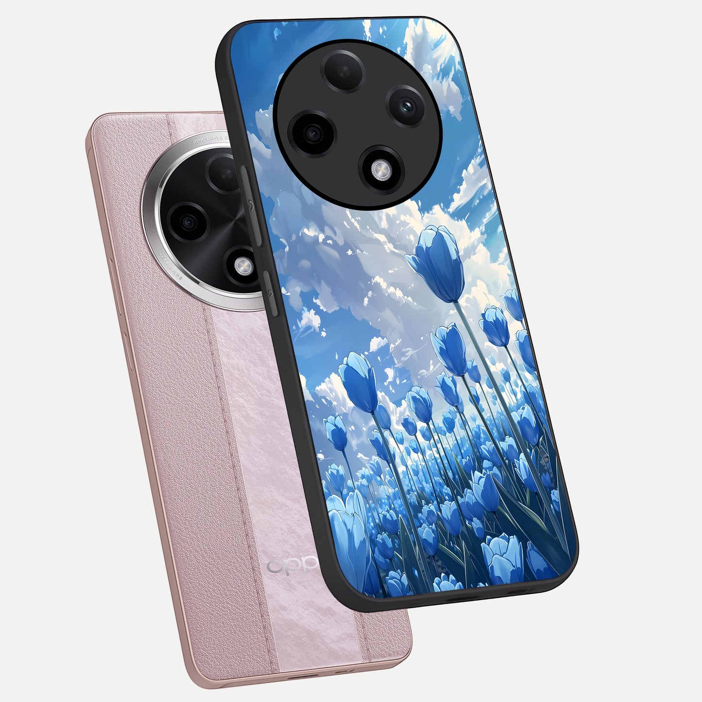  Blue Tulip Clouds phone case For Oppo F27 Pro Plus showing premium glass back cover with detailed artwork