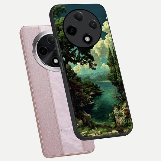  Celestial Lake Peace phone case For Oppo F27 Pro Plus showing premium glass back cover with detailed artwork