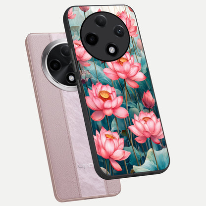  Celestial Pink Lotus phone case For Oppo F27 Pro Plus showing premium glass back cover with detailed artwork