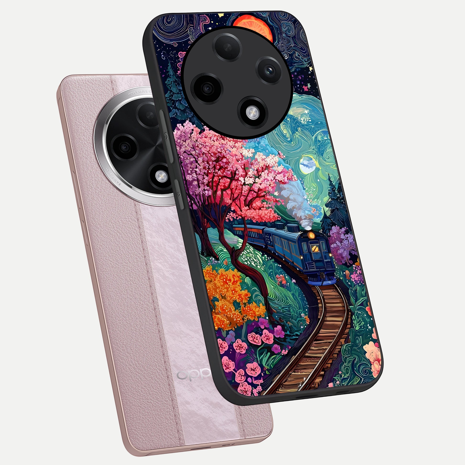  Celestial Train Journey phone case For Oppo F27 Pro Plus showing premium glass back cover with detailed artwork