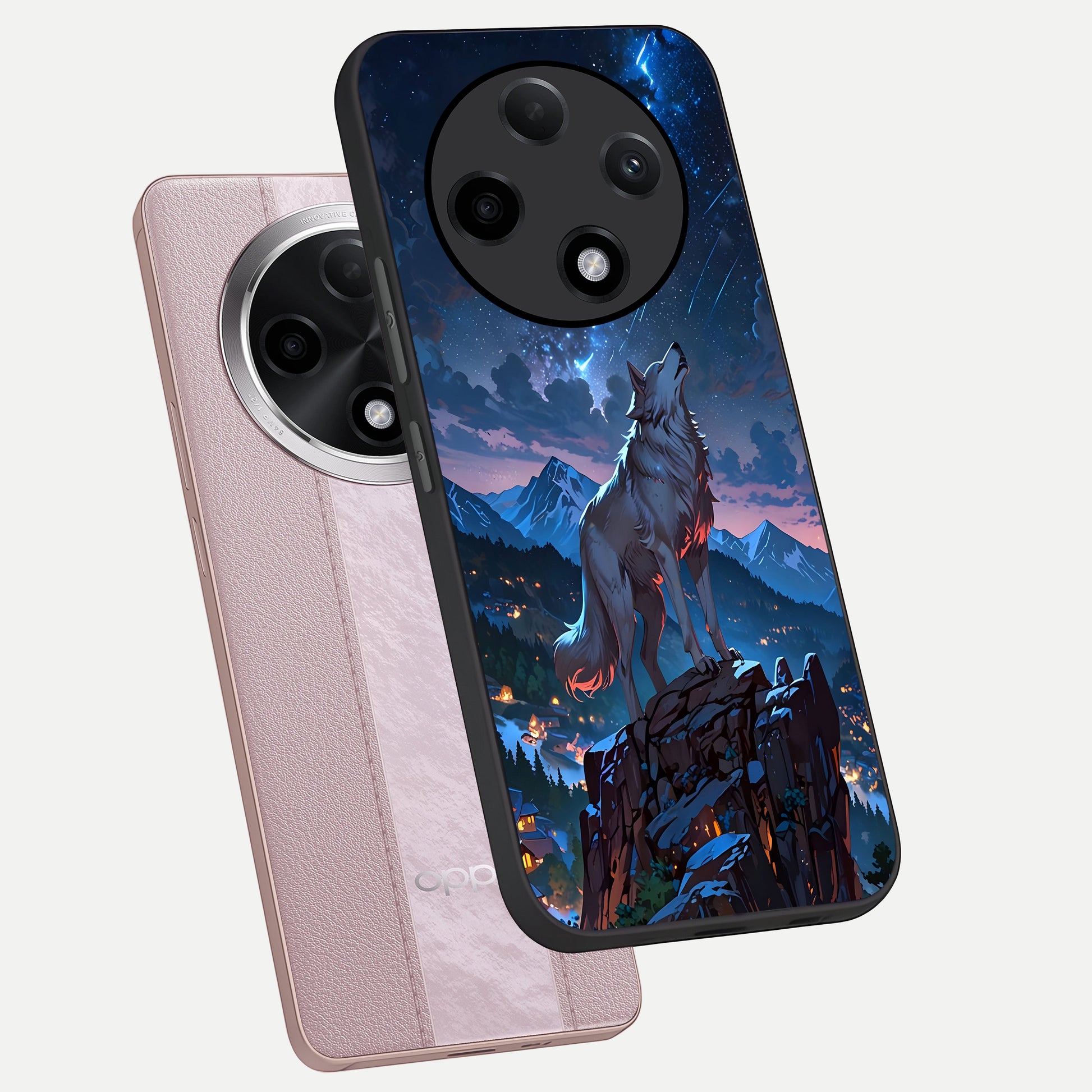  Celestial Wolf Howl phone case For Oppo F27 Pro Plus showing premium glass back cover with detailed artwork
