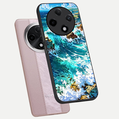  Coastal Blue Waves phone case For Oppo F27 Pro Plus showing premium glass back cover with detailed artwork
