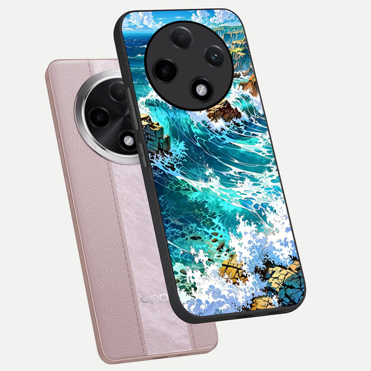  Coastal Blue Waves phone case For Oppo F27 Pro Plus showing premium glass back cover with detailed artwork