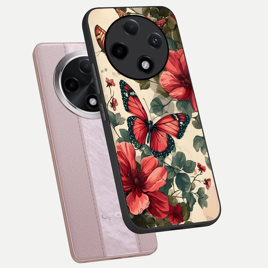  Crimson Butterfly Garden phone case For Oppo F27 Pro Plus showing premium glass back cover with detailed artwork
