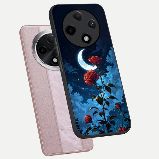  Crimson Rose Moon phone case For Oppo F27 Pro Plus showing premium glass back cover with detailed artwork