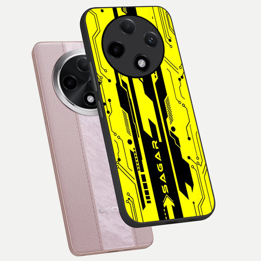  Electric Pulse CYBERPUNK Custom Name phone case For Oppo F27 Pro Plus showing premium glass back cover with detailed artwork