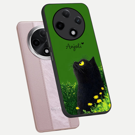 Emerald Cat Custom Name phone case For Oppo F27 Pro Plus showing premium glass back cover with detailed artwork