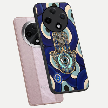  Hamsa Divine Guard phone case For Oppo F27 Pro Plus showing premium glass back cover with detailed artwork