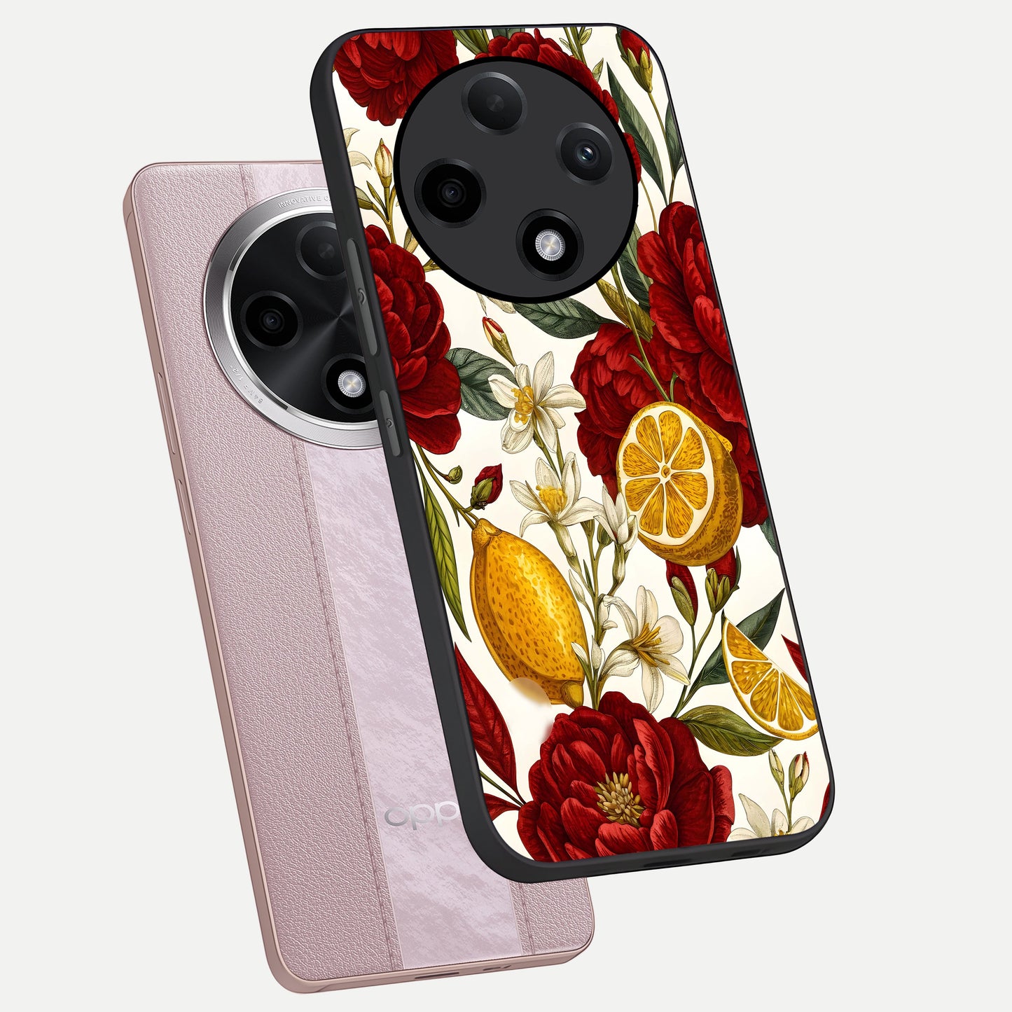  Lemon Rose Charm phone case For Oppo F27 Pro Plus showing premium glass back cover with detailed artwork