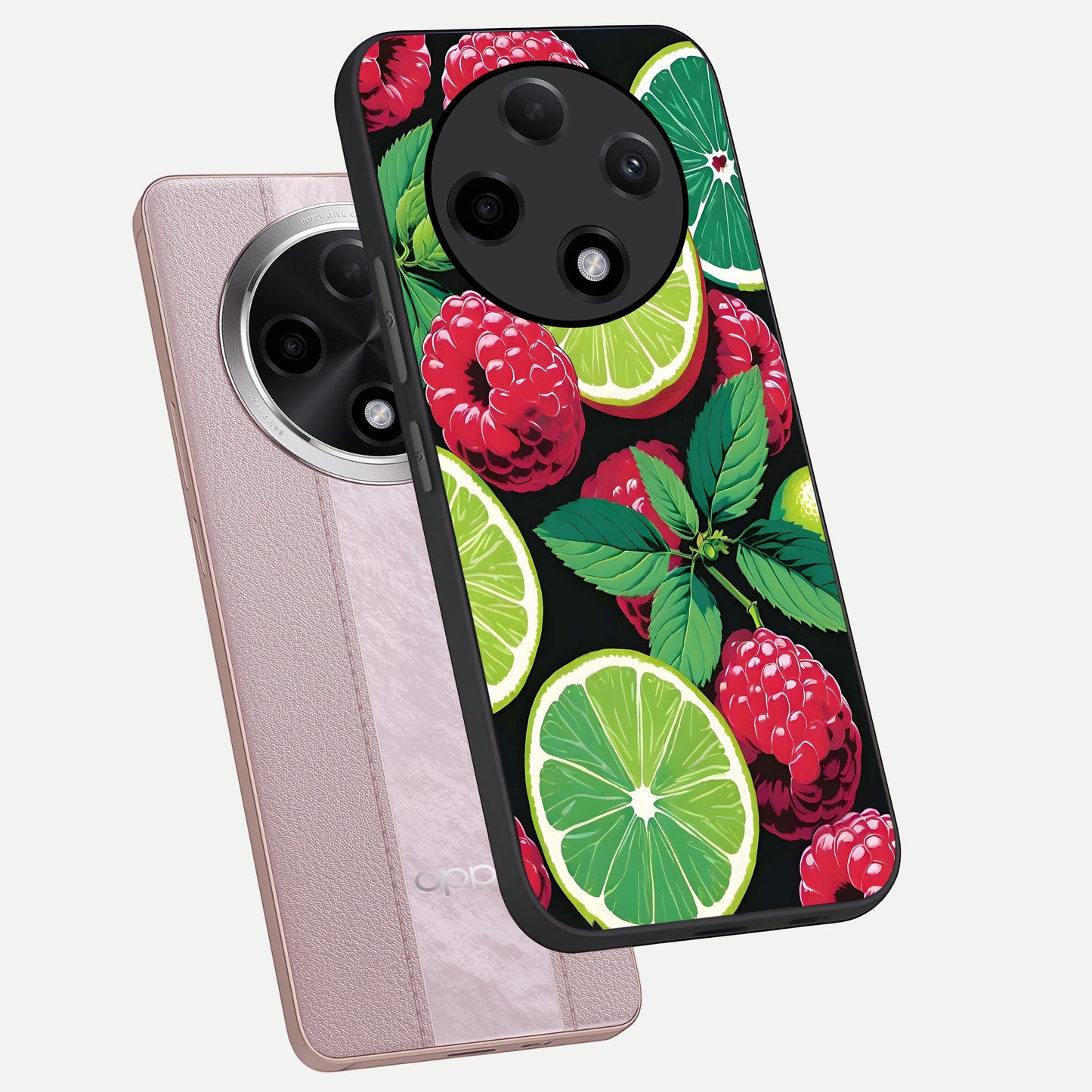  Lime and Raspberry Pattern phone case For Oppo F27 Pro Plus showing premium glass back cover with detailed artwork