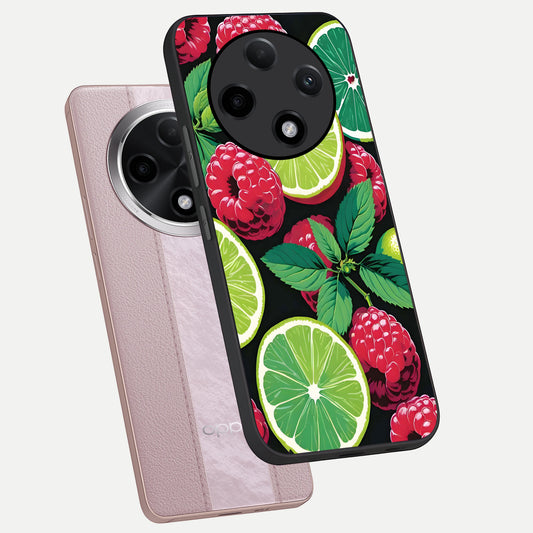  Lime and Raspberry Pattern phone case For Oppo F27 Pro Plus showing premium glass back cover with detailed artwork