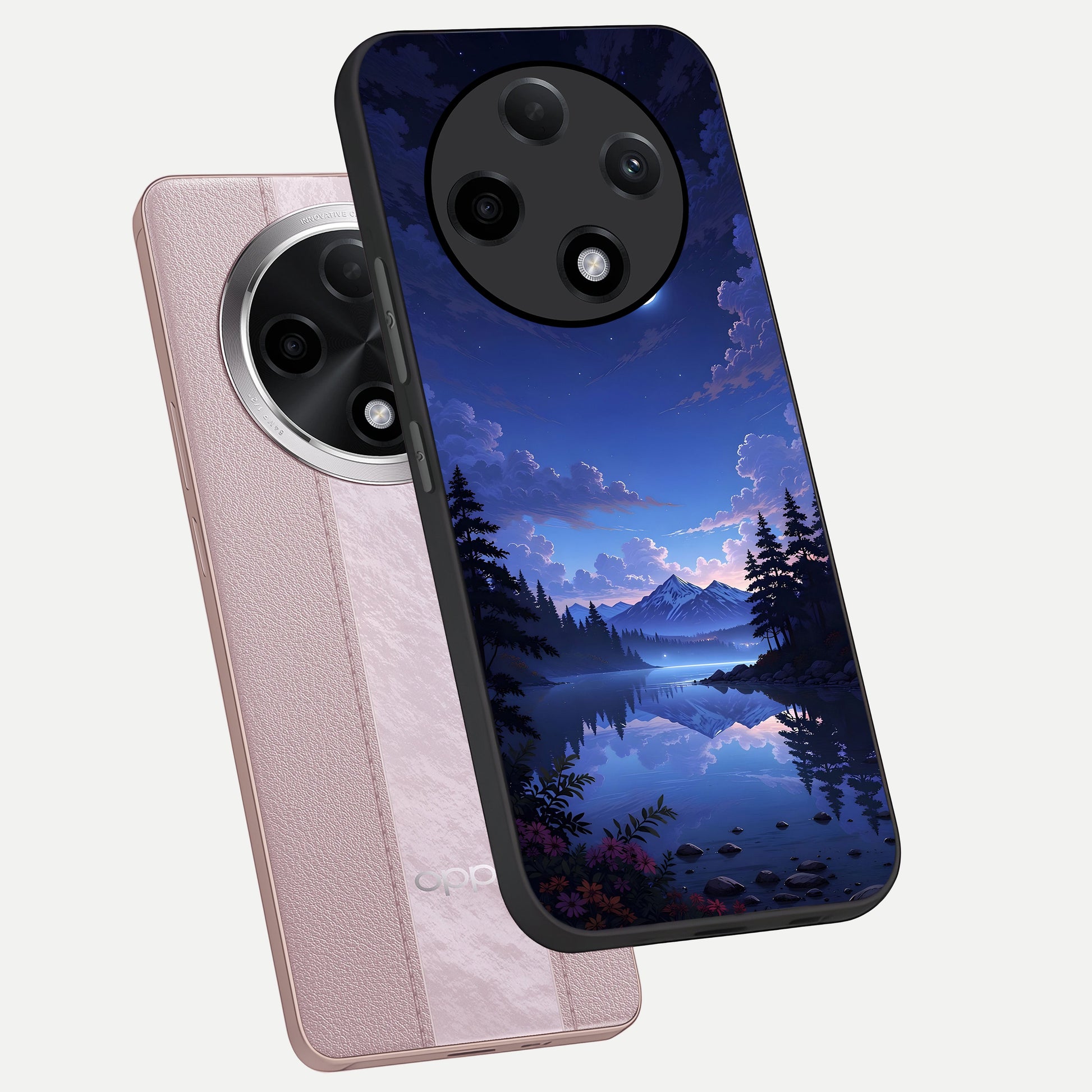  Midnight Lake Peace phone case For Oppo F27 Pro Plus showing premium glass back cover with detailed artwork
