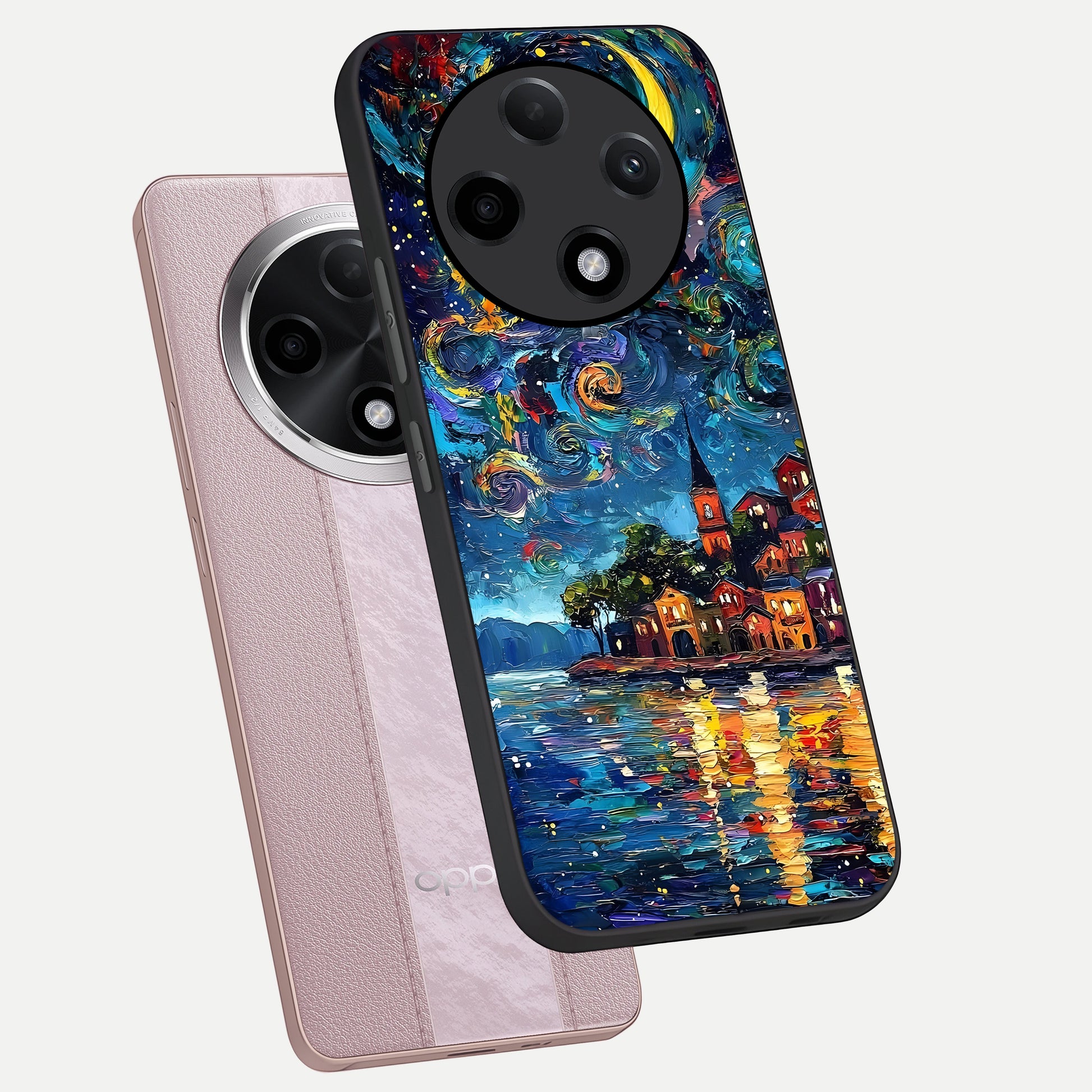  Moonlight Harbor Glow phone case For Oppo F27 Pro Plus showing premium glass back cover with detailed artwork