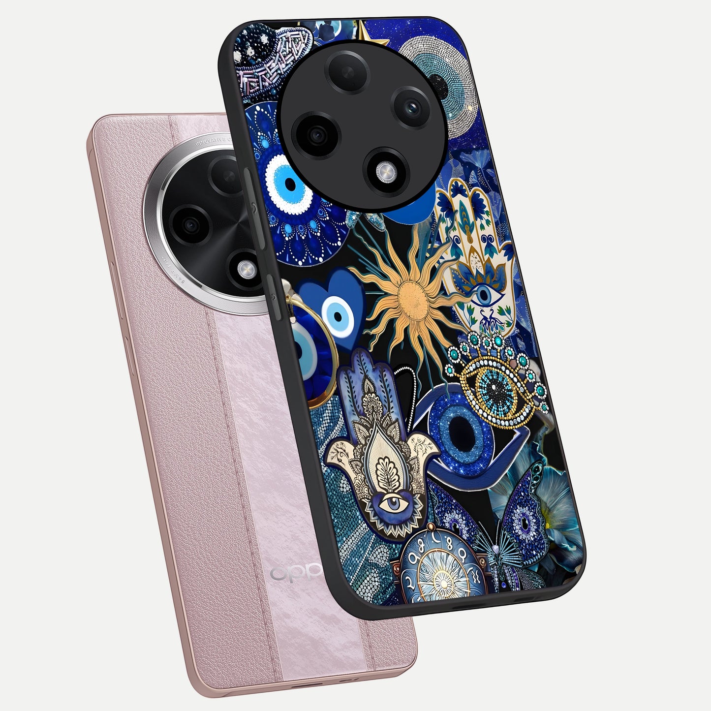  Mystic Blue Evil Eye phone case For Oppo F27 Pro Plus showing premium glass back cover with detailed artwork
