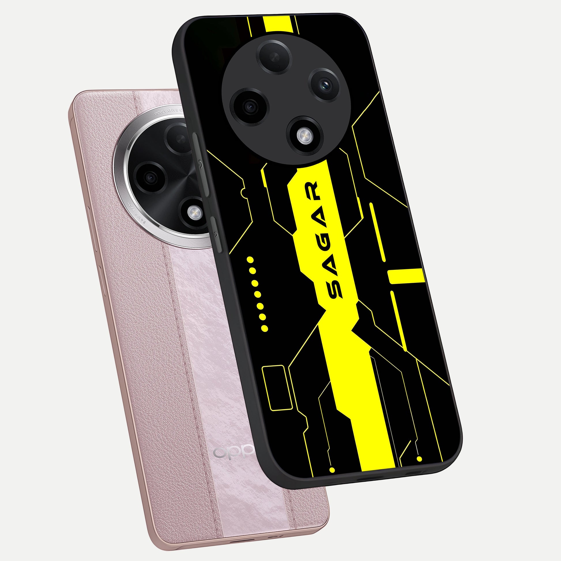  Neon CYBERPUNK Custom Name phone case For Oppo F27 Pro Plus showing premium glass back cover with detailed artwork