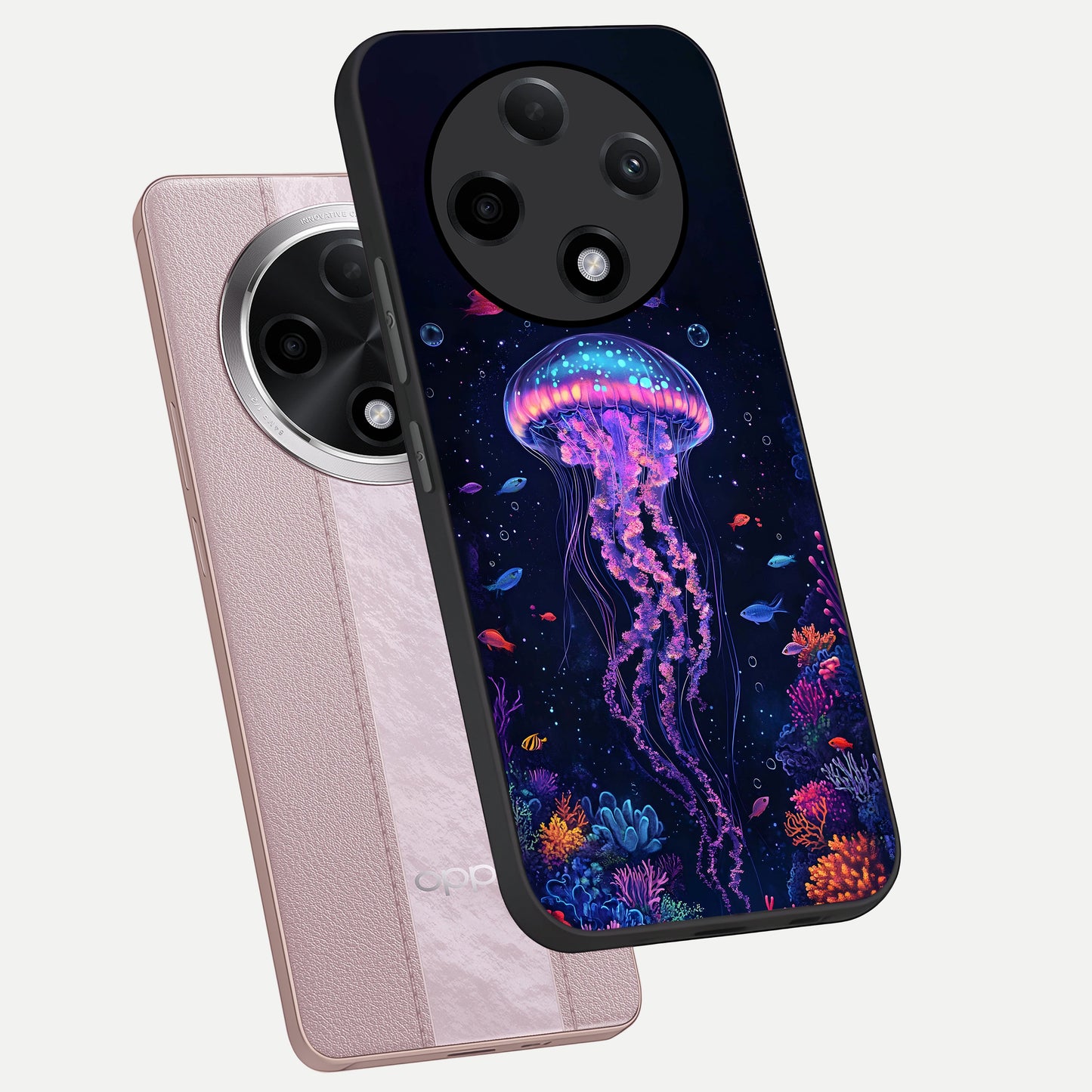 Neon Jellyfish phone case For Oppo F27 Pro Plus showing premium glass back cover with detailed artwork