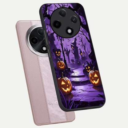  Pumpkin Patch Halloween phone case For Oppo F27 Pro Plus showing premium glass back cover with detailed artwork