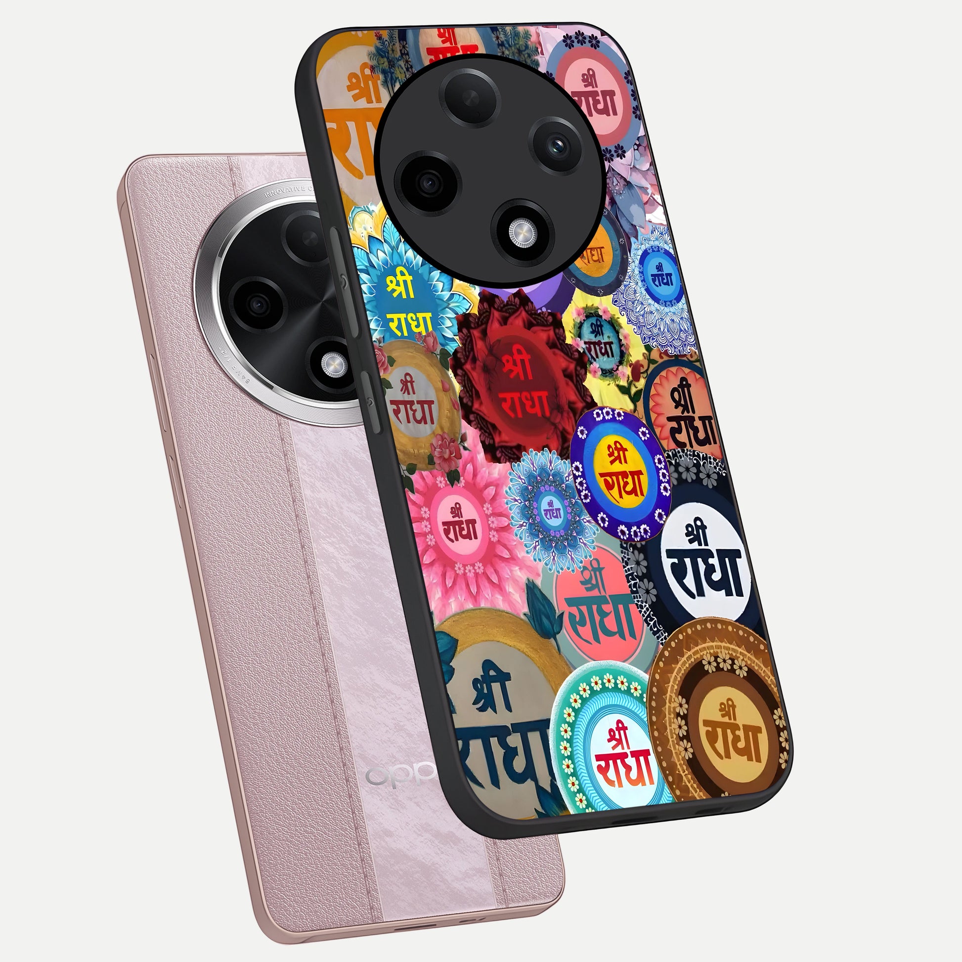  Radha Divine Bloom phone case For Oppo F27 Pro Plus showing premium glass back cover with detailed artwork