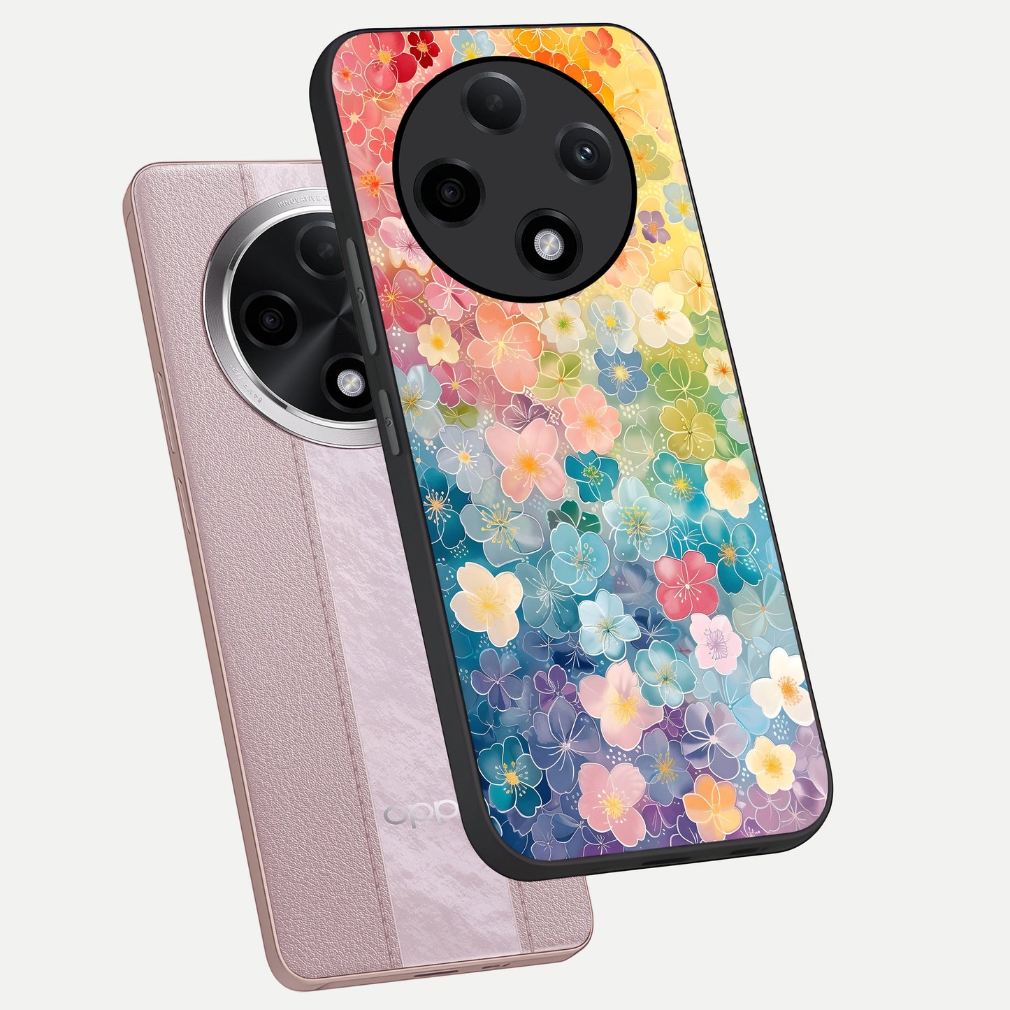  Rainbow Blossom Burst phone case For Oppo F27 Pro Plus showing premium glass back cover with detailed artwork