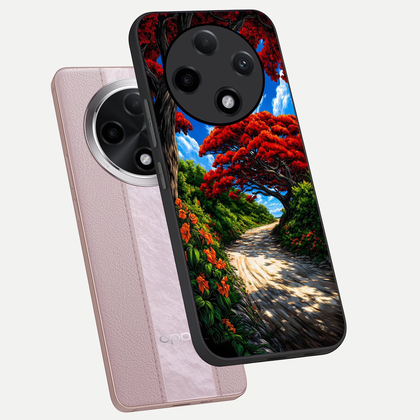  Red Trees Pathway phone case For Oppo F27 Pro Plus showing premium glass back cover with detailed artwork