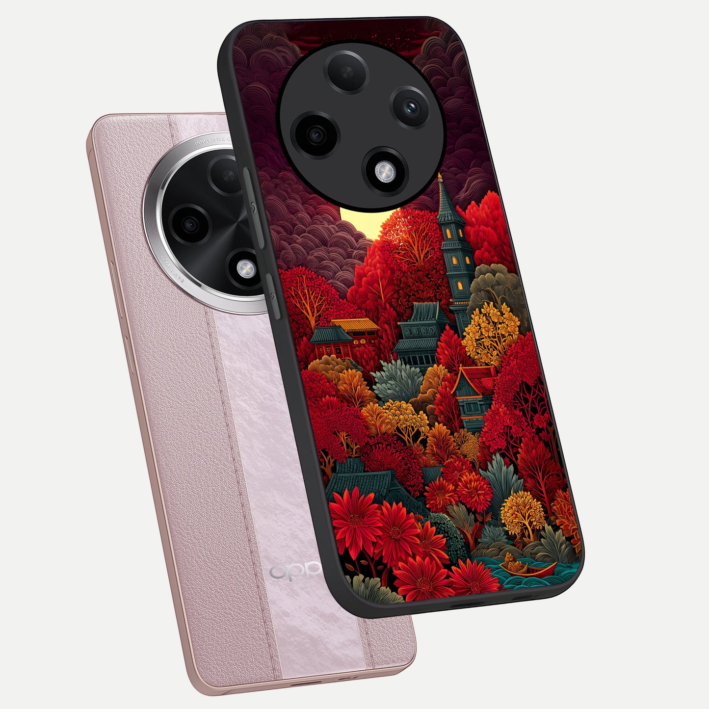  Scarlet Autumn Temple phone case For Oppo F27 Pro Plus showing premium glass back cover with detailed artwork