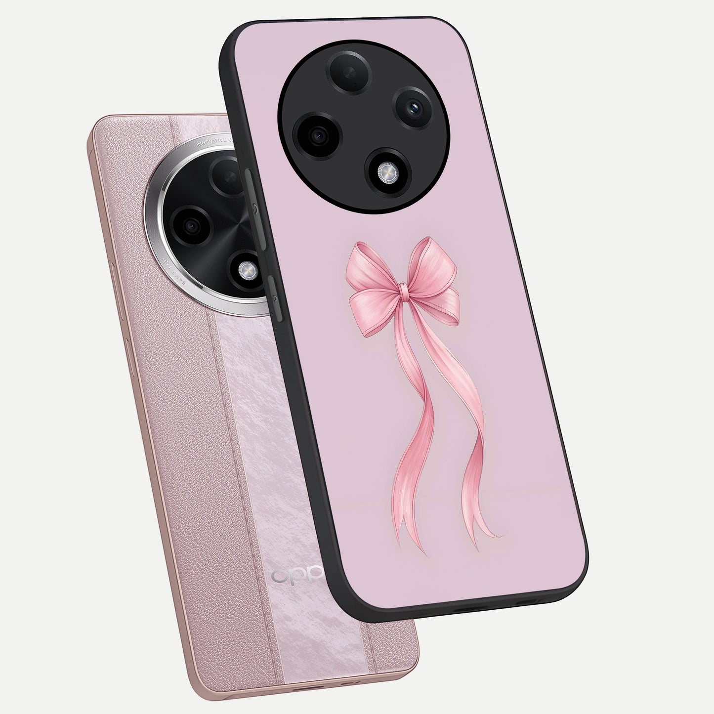  Soft Blush Bow phone case For Oppo F27 Pro Plus showing premium glass back cover with detailed artwork